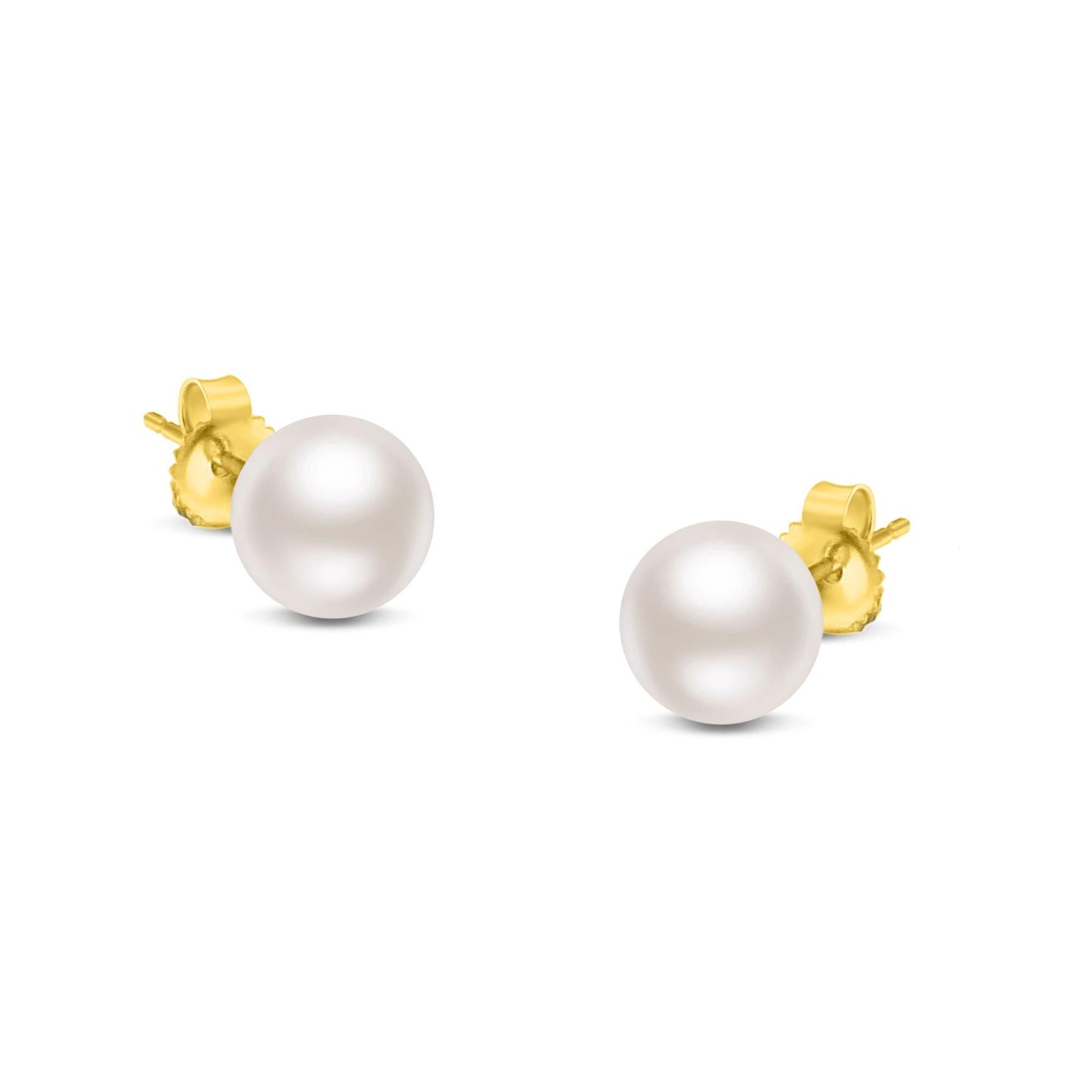 14K Gold Round White Saltwater Akoya Cultured Pearl Stud Earrings AAA + Quality