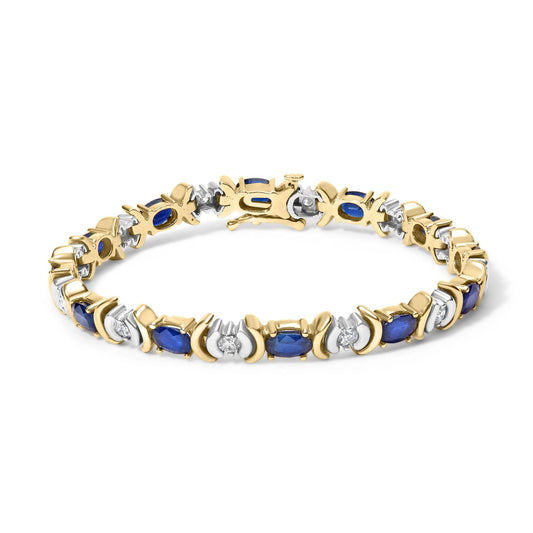 14K Yellow Gold 1.00 Cttw Alternating Diamond and 6 1/2 Cttw Oval Blue Sapphire