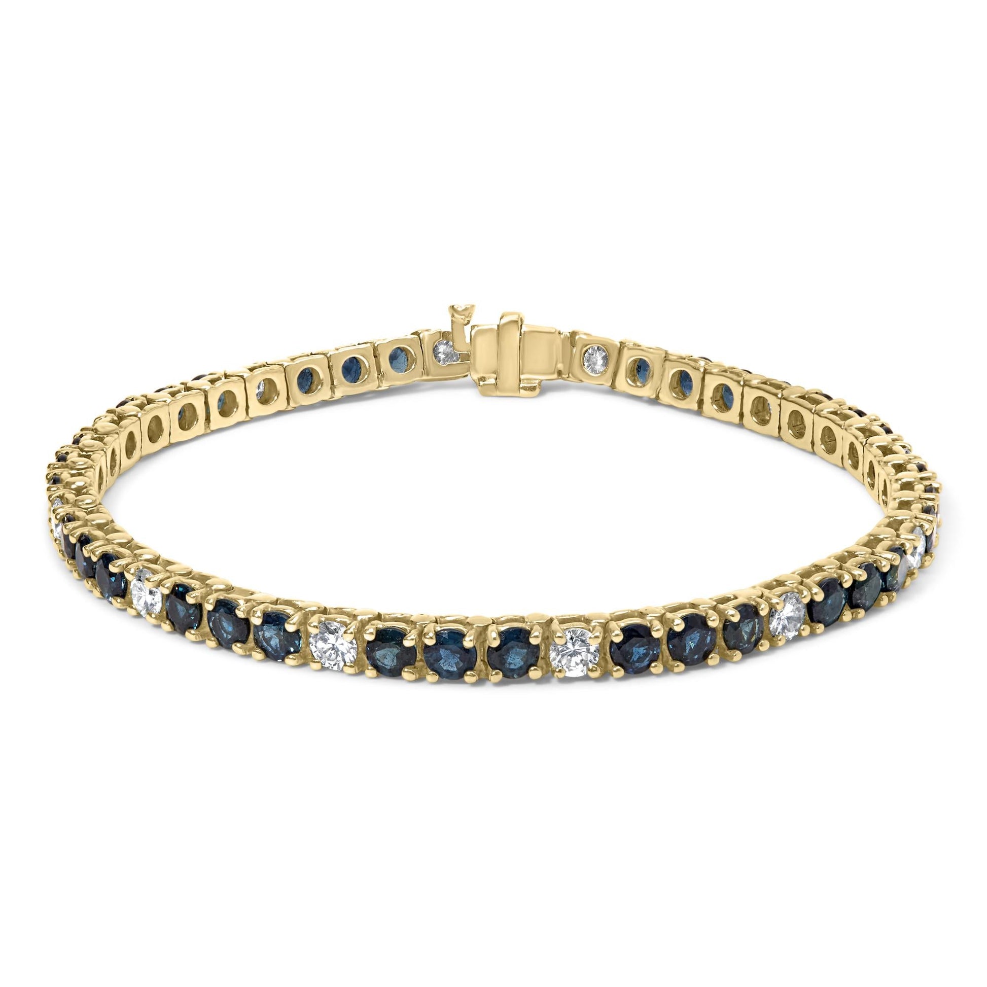 18K Yellow Gold Alternating 1 1/5 Cttw Diamond and 3X3 MM Blue Sapphire Tennis