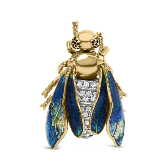 18K Yellow Gold 1/2 Cttw Pave Set Diamond and Blue-Green Enamel Bumblebee