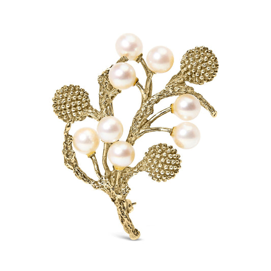 18K Yellow Gold Cultured Akoya Pearl Tree Branch Brooch Pin with Hammered Polish