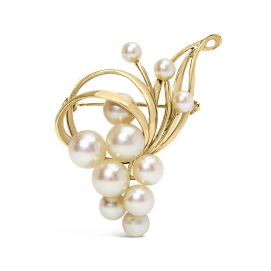 14K Yellow Gold Akoya Cultured Pearl Cluster Swirl Brooch Pin