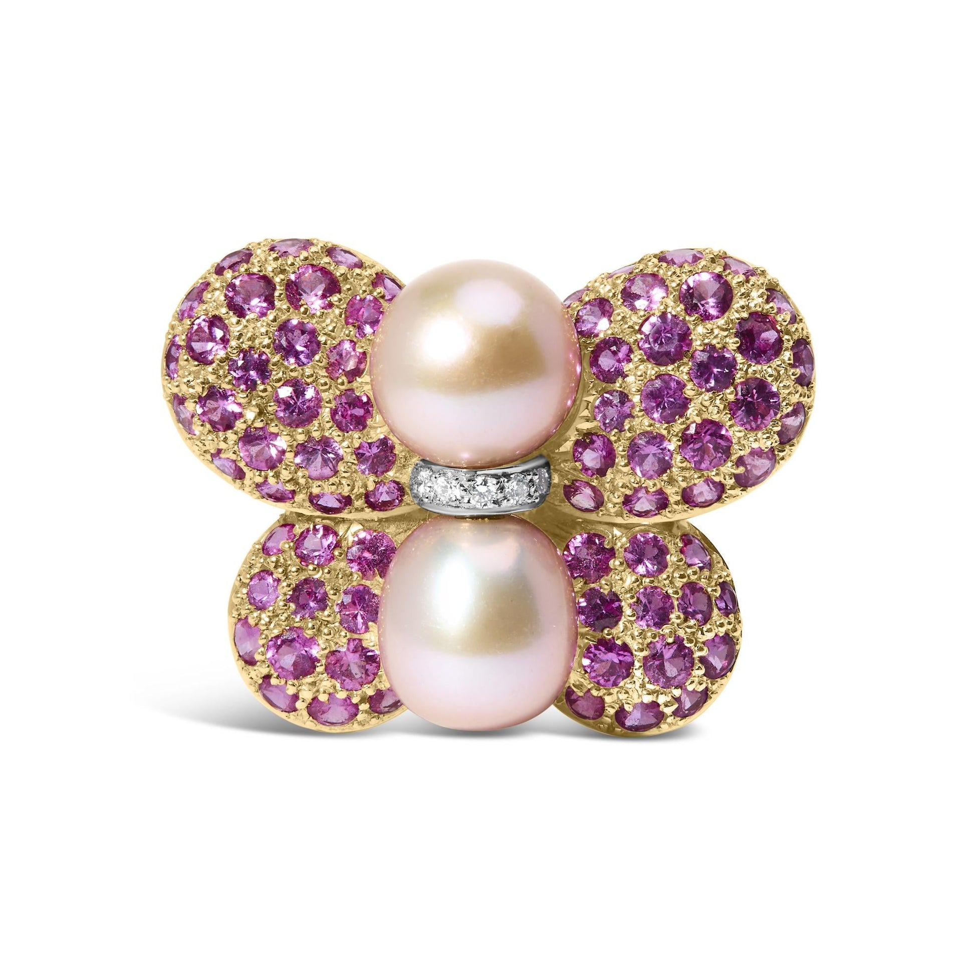 18K Yellow and White Gold 9MM South Sea Pearl and Pink Sapphire Butterfly Pin