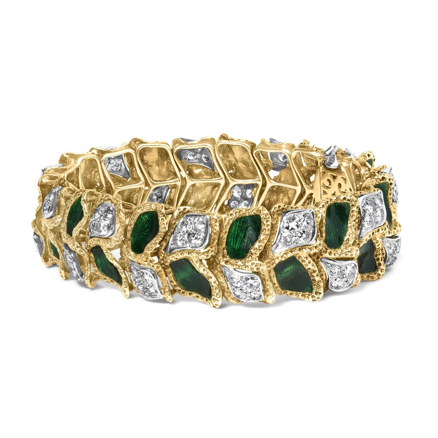 18K Yellow Gold 3 1/4 Cttw Diamond and Green Enamel Gold Textured Bracelet (G-H Color, VS1-VS2 Clarity) - 7" Inches