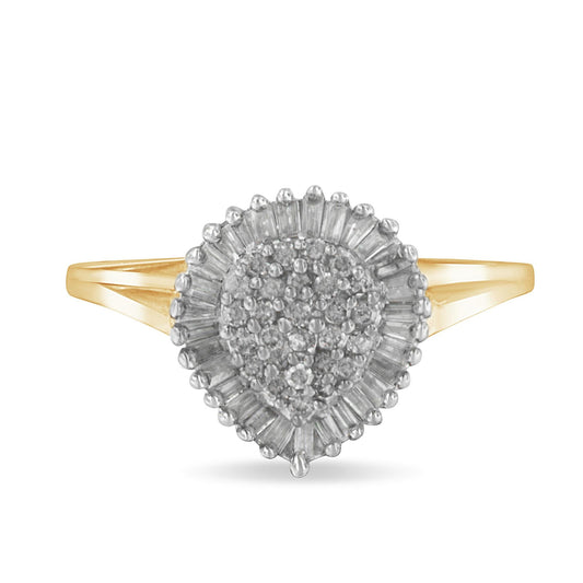 10K Yellow Gold 1/2 Cttw Round & Baguette Cut Diamond Pear Shaped Domed Pavé