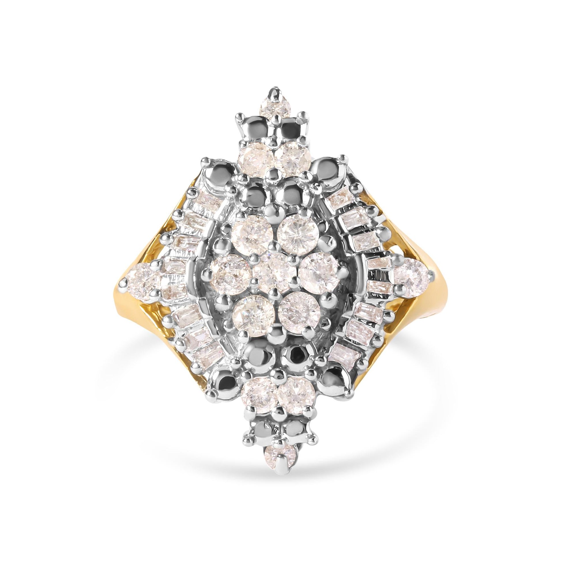 10K Yellow Gold 1 Cttw Round and Baguette cut Diamond Cluster and Rhombus Halo