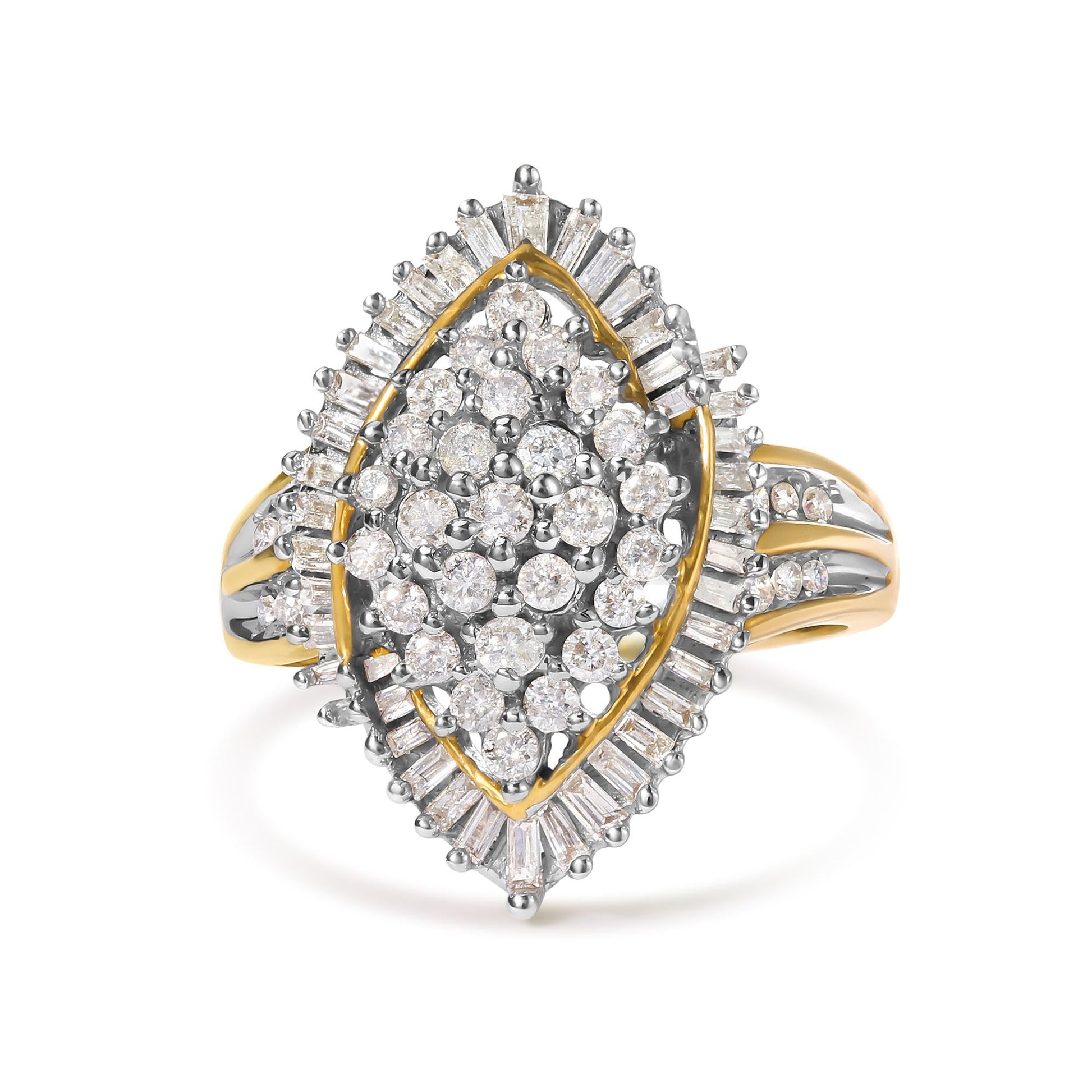 10K Yellow Gold 1.0 Cttw Round and Baguette-Cut Diamond Cluster Ring (I-J Color