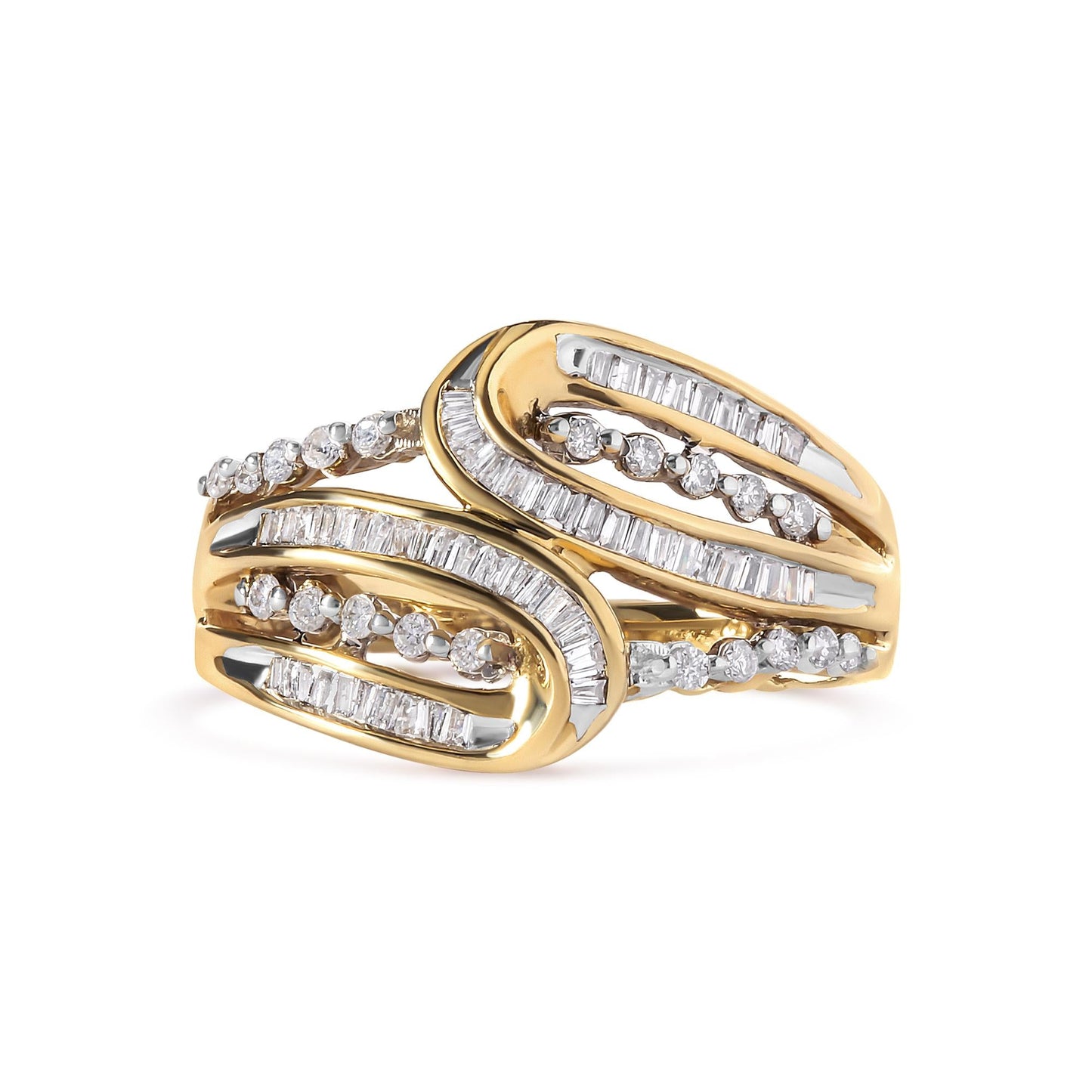 10K Yellow Gold 1/2 Cttw Round and Baguette cut Diamond Open Space Bypass Ring