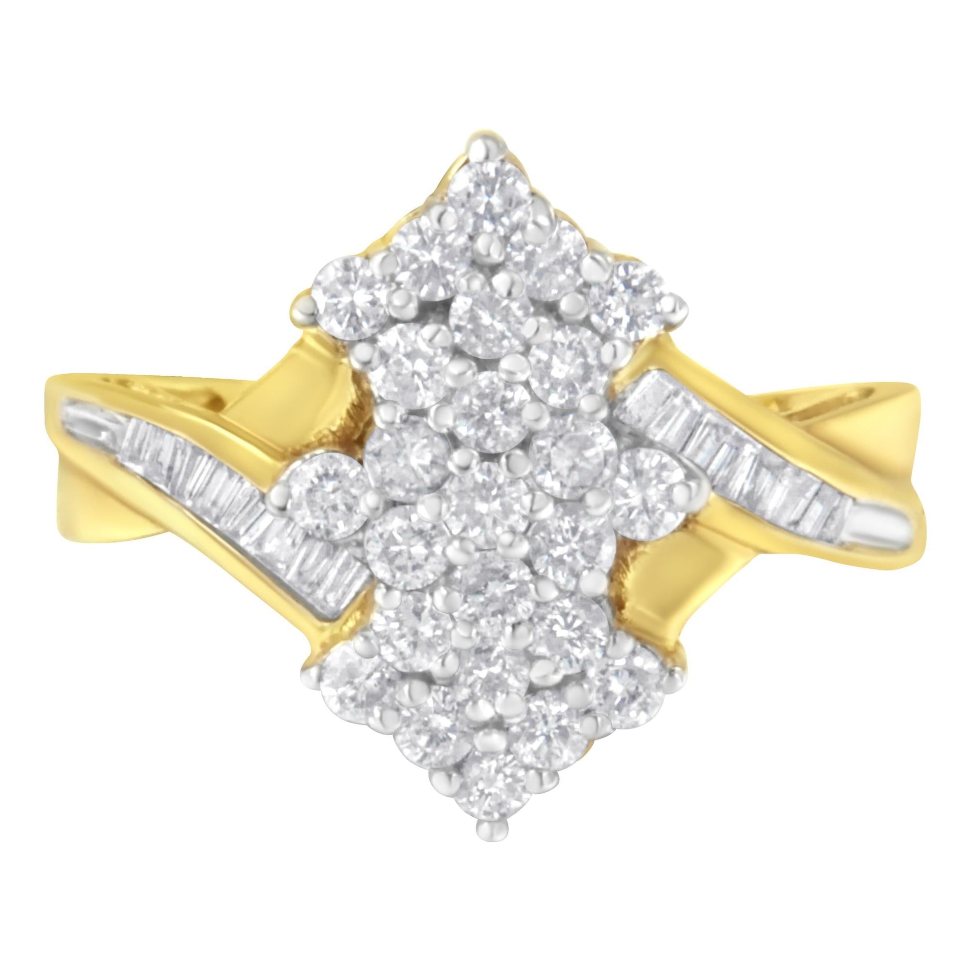 10K Yellow Gold Round And Baguette Cut Diamond Cluster Ring (1 1/10 Cttw H-I