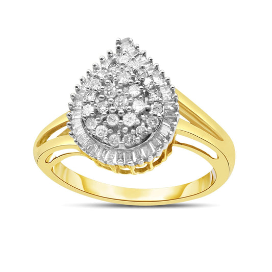 10K Yellow Gold 1/2 Cttw Round and Baguette-Cut Diamond Pear Ring (I-J Color, I1-I2 Clarity)