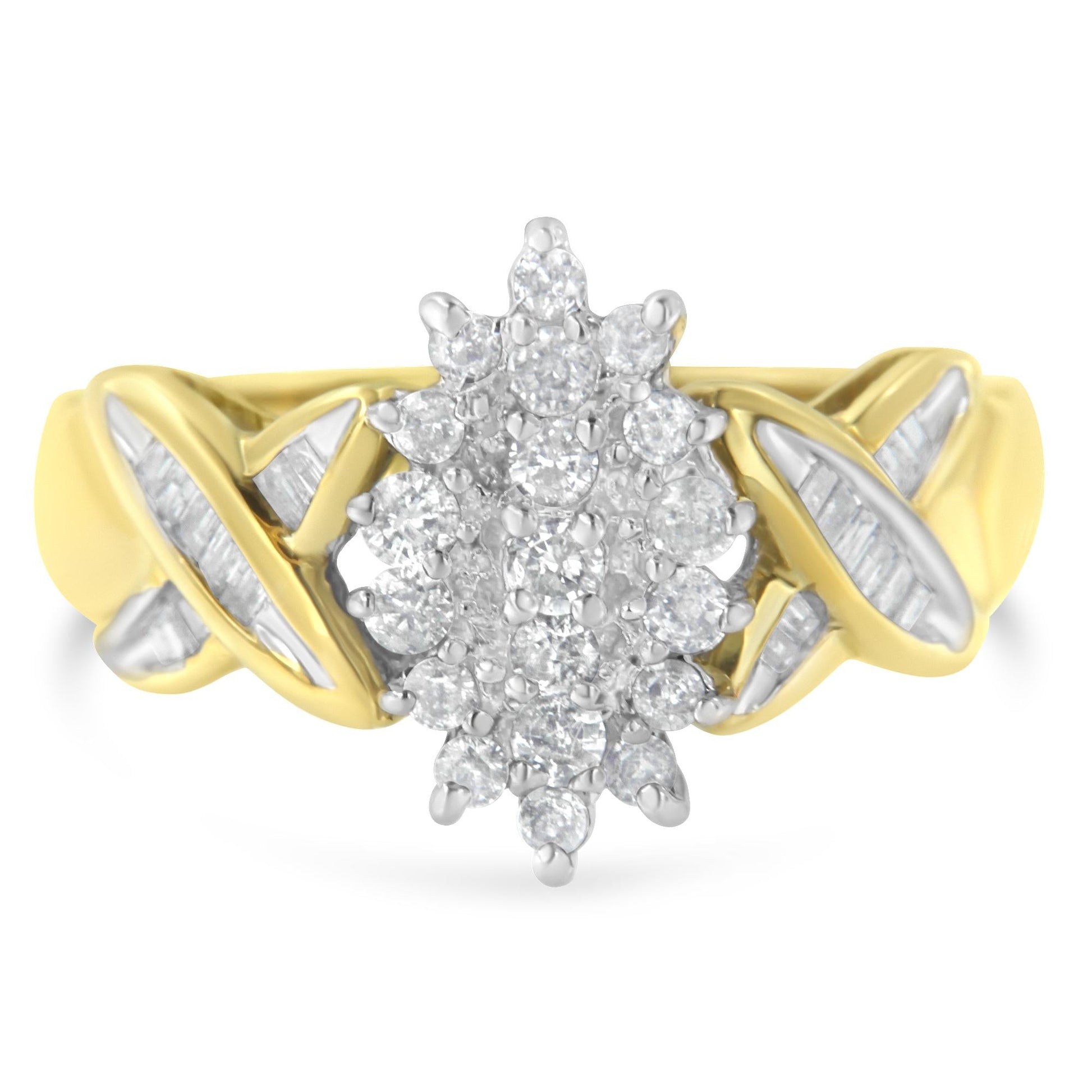 10K Two-Toned Round Baguette Diamond Cluster Ring (1/2 Cttw I-J Color I2-I3