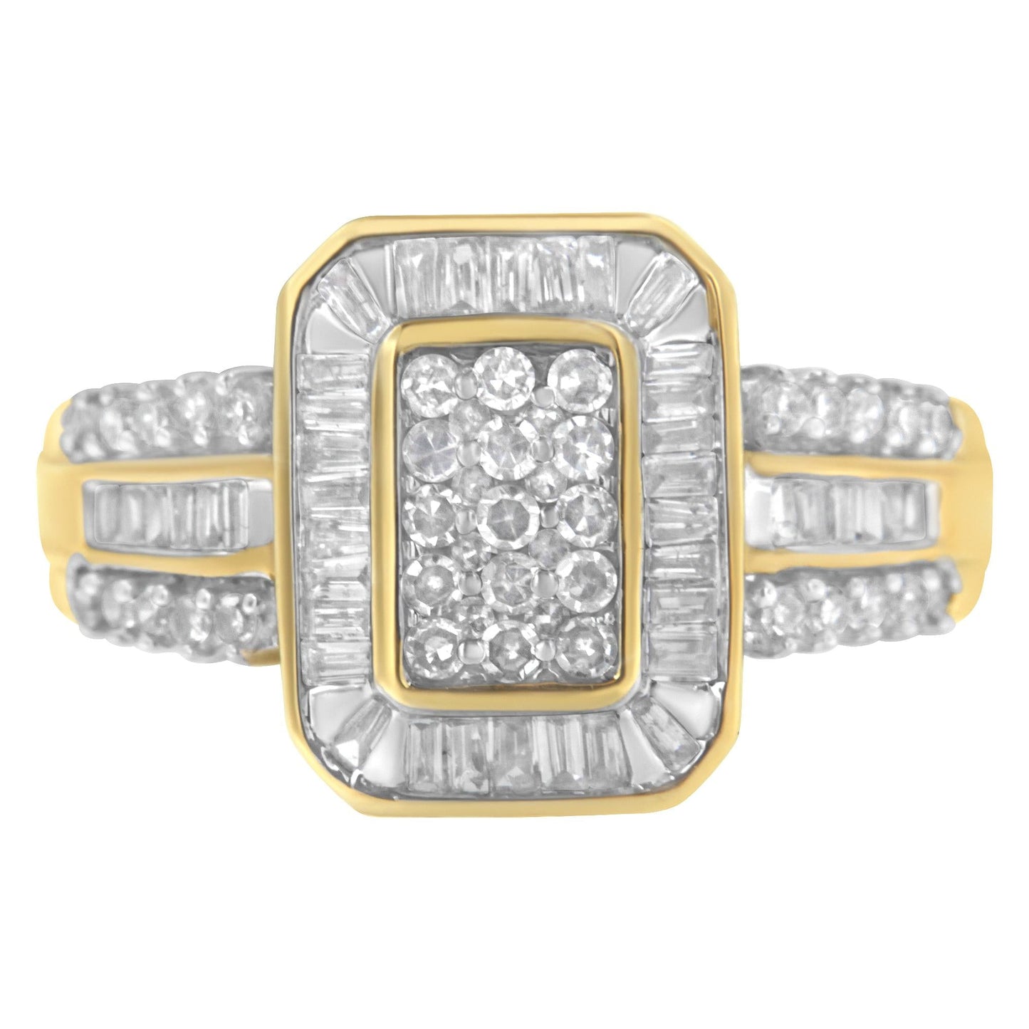 10K Yellow Gold Round and Baguette-Cut Diamond Cluster Ring (1.0 Cttw I-J Color