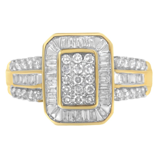 10K Yellow Gold Round and Baguette-Cut Diamond Cluster Ring (1.0 Cttw, I-J Color, SI1-SI2 Clarity)