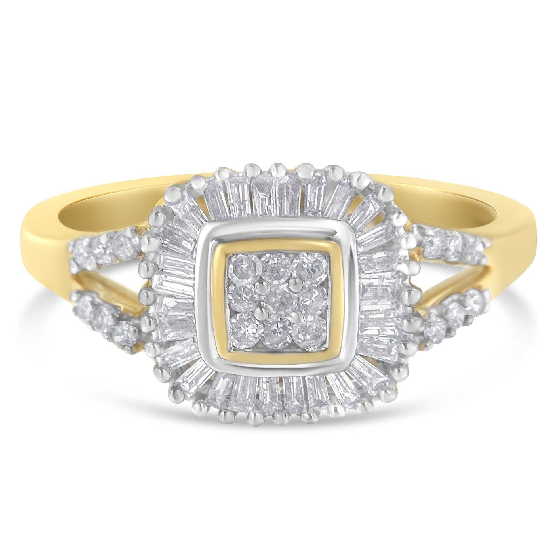 10K Yellow Gold Round and Baguette Cut Diamond Ballerina Ring (1/2 cttw I-J