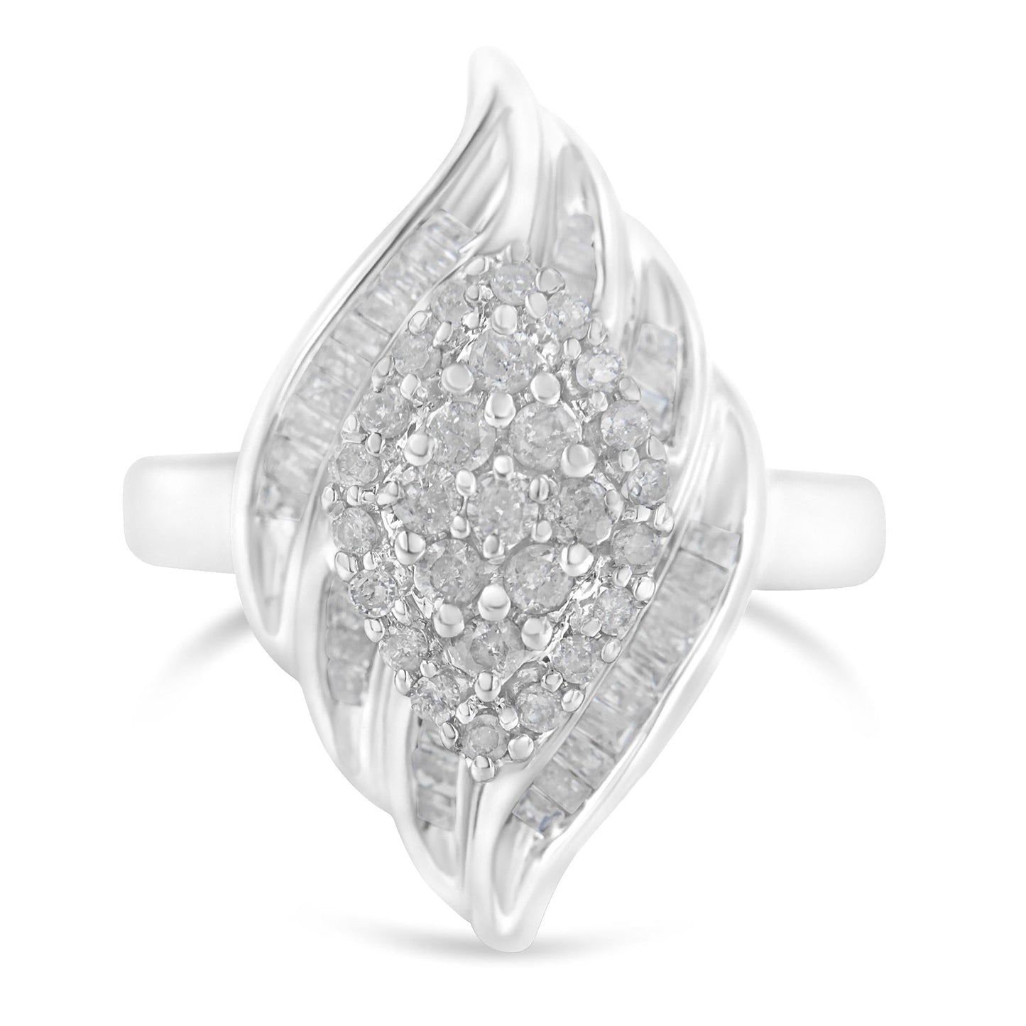 .925 Sterling Silver ¾ Cttw Round and Baguette Cut Diamond Stair-Stepped Cluster Waterfall Cocktail Ring (I-J Color, I2-I3 Clarity)