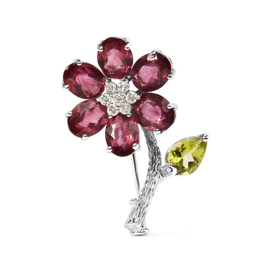 18K White Gold 1/3 Cttw Diamond, Pink Tourmaline, and Green Peridot Flower and Leaf Tulip Brooch Pin (H-I Color, VS2-SI1)