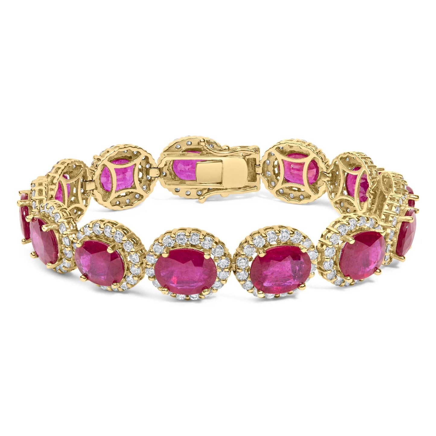 14K Yellow Gold 6 2/5 Cttw Diamond and 34.0 Cttw Oval Red Ruby Halo Link