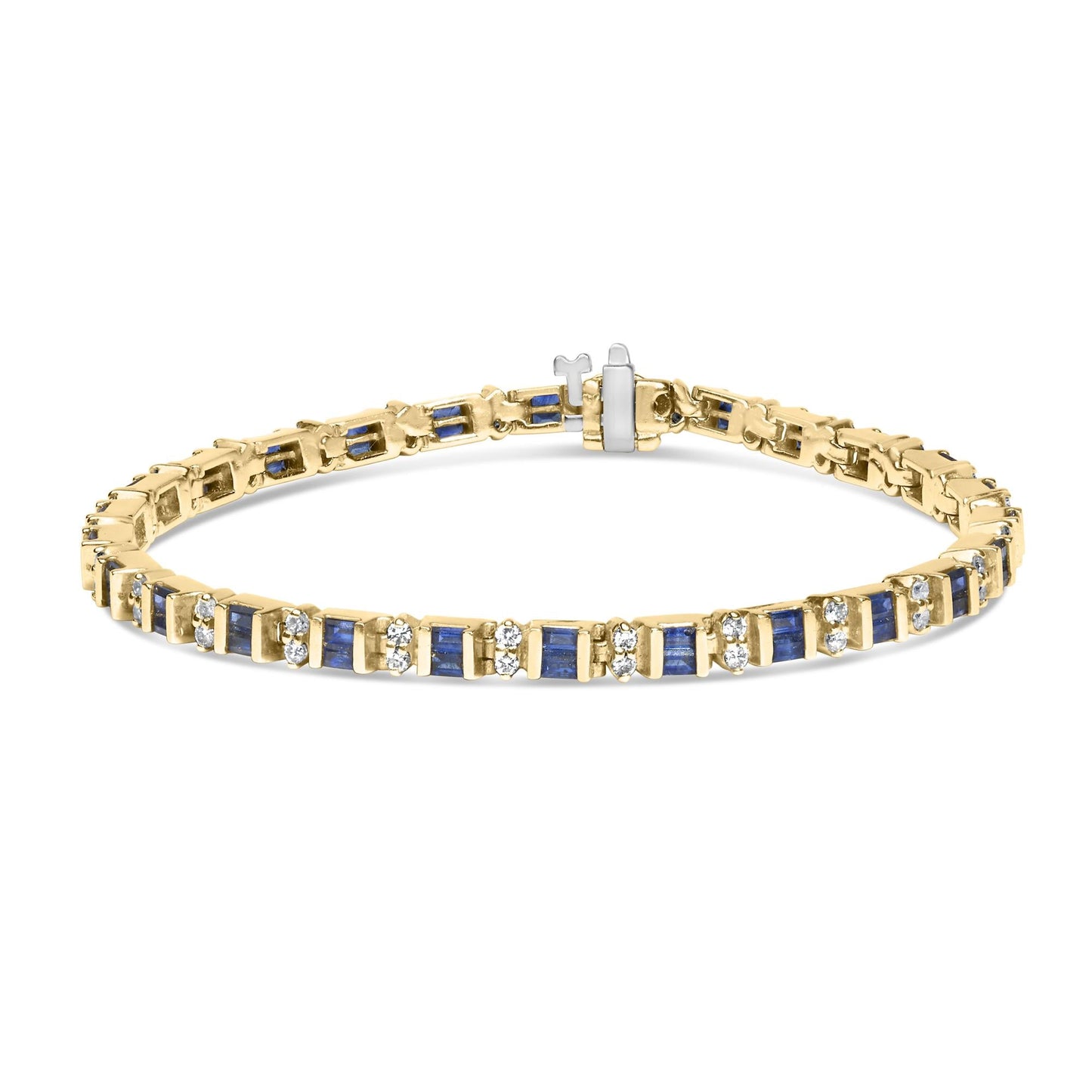 14K Yellow Gold 1.00 Cttw Diamond and Alternating Blue Sapphire Link Bracelet