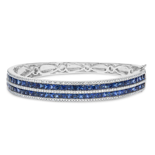 18K White Gold Alternating Diamond and 8.00 Cttw Princess Cut Blue Sapphire Multi Row Bangle Bracelet (G-H Color, VS1-VS2 Clarity) - 7" Inches