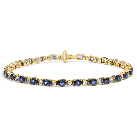 18K Yellow Gold 3/4 Cttw Diamond and 5 1/3 Cttw Oval Blue Sapphire Alternating