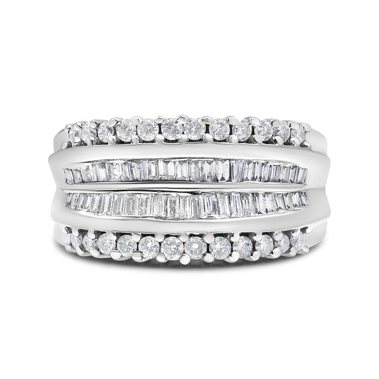 14K White Gold 1.00 Cttw Round and Baguette-Cut Diamond Modern Band Ring (H-I