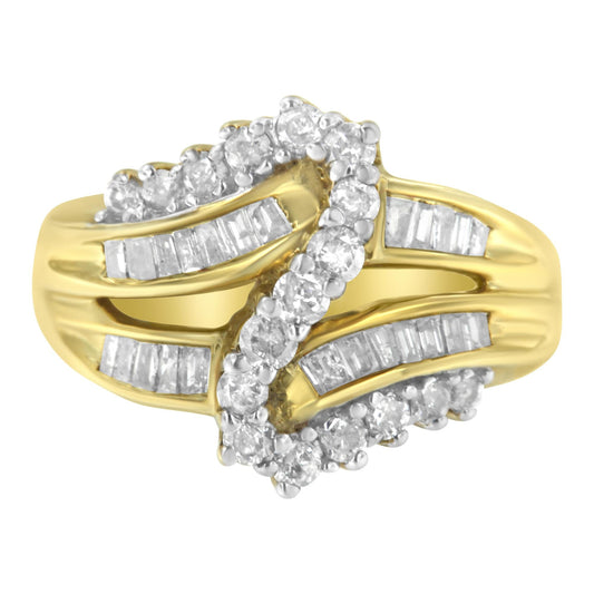 10K Yellow Gold Round and Baguette Cut Diamond Bypass Ring (1 Cttw J-K Color