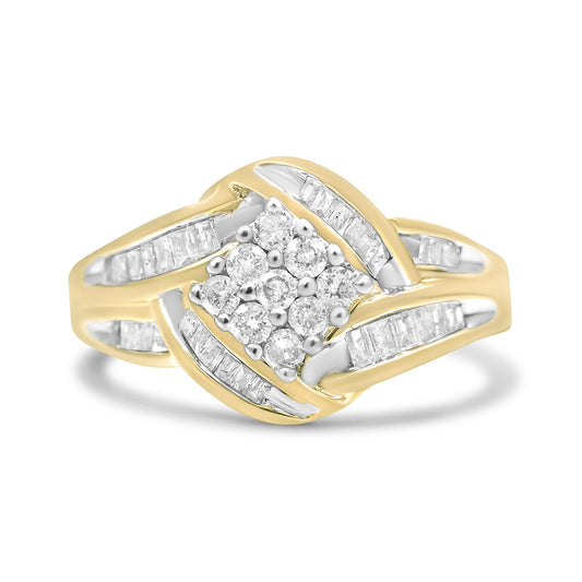 10K Yellow and White Gold 3/4 Cttw Diamond Cluster and Swirl Ring (H-I Color