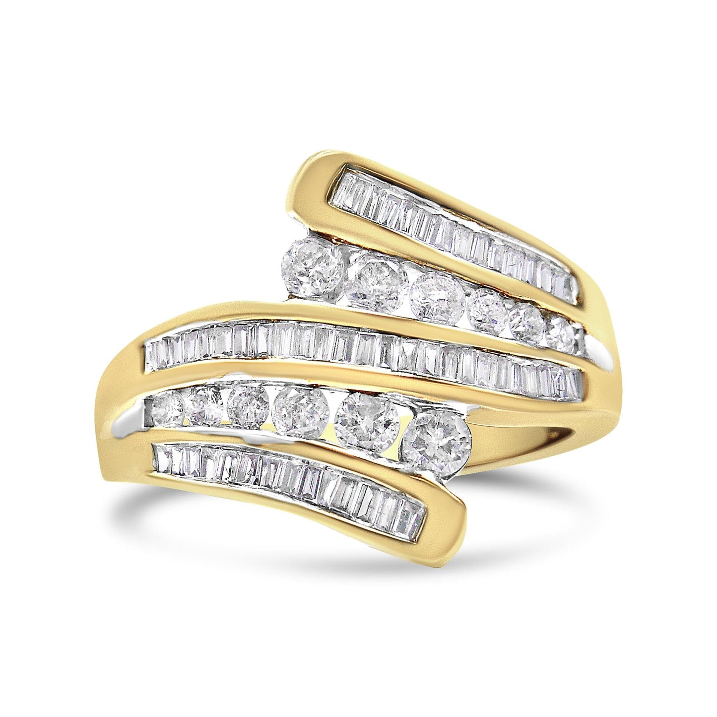 10K Yellow Gold 1 Cttw Round and Baguette-Cut Diamond Multi Row Bypass Ring