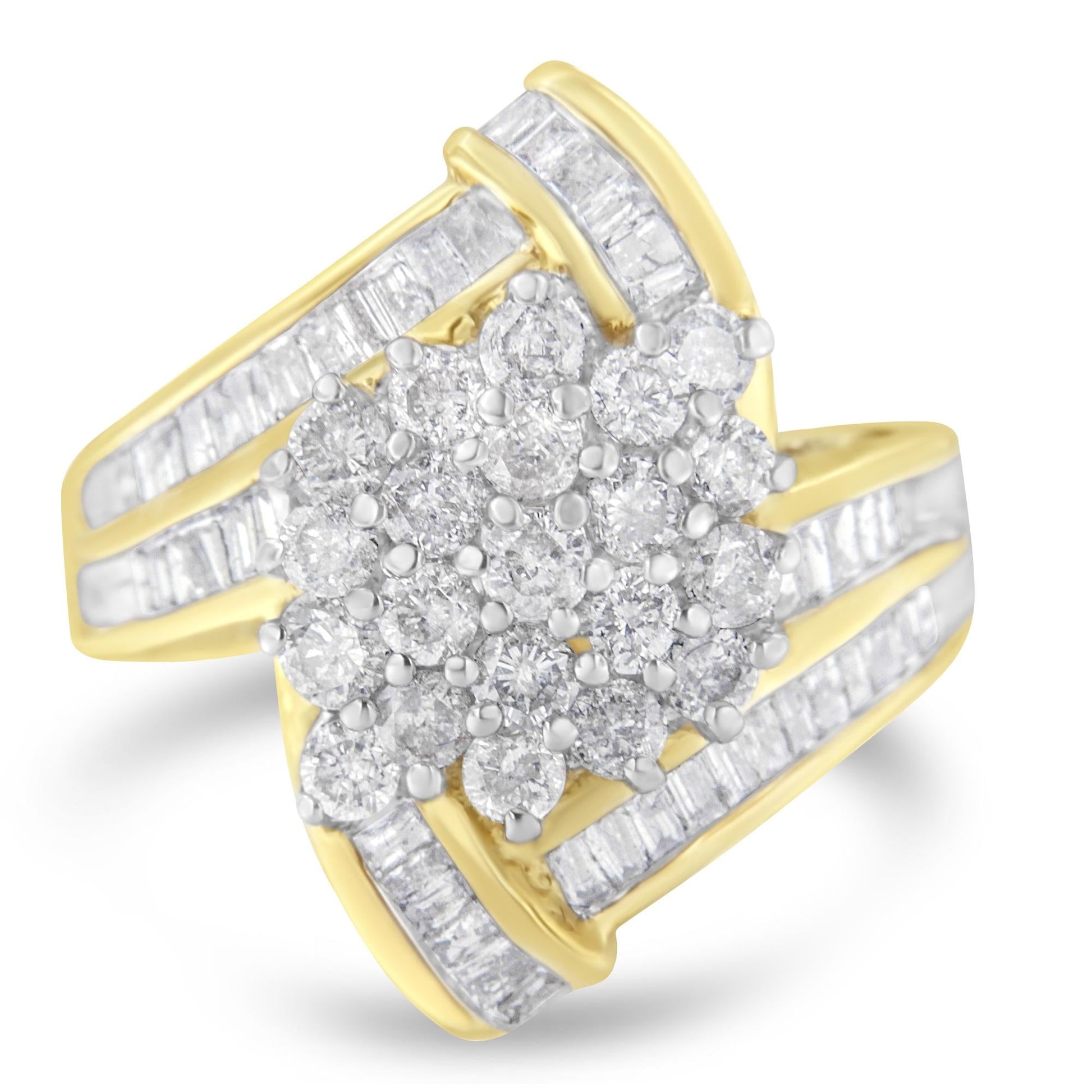 10K Yellow Gold Round and Baguette Diamond Crossover Cluster Ring (3 Cttw I-J