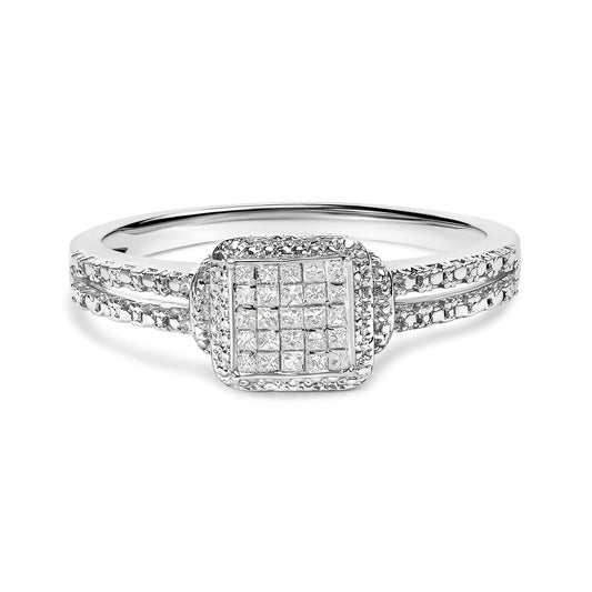 .925 Sterling Silver 1/4 Cttw Princess-cut Diamond Composite Ring with Beaded