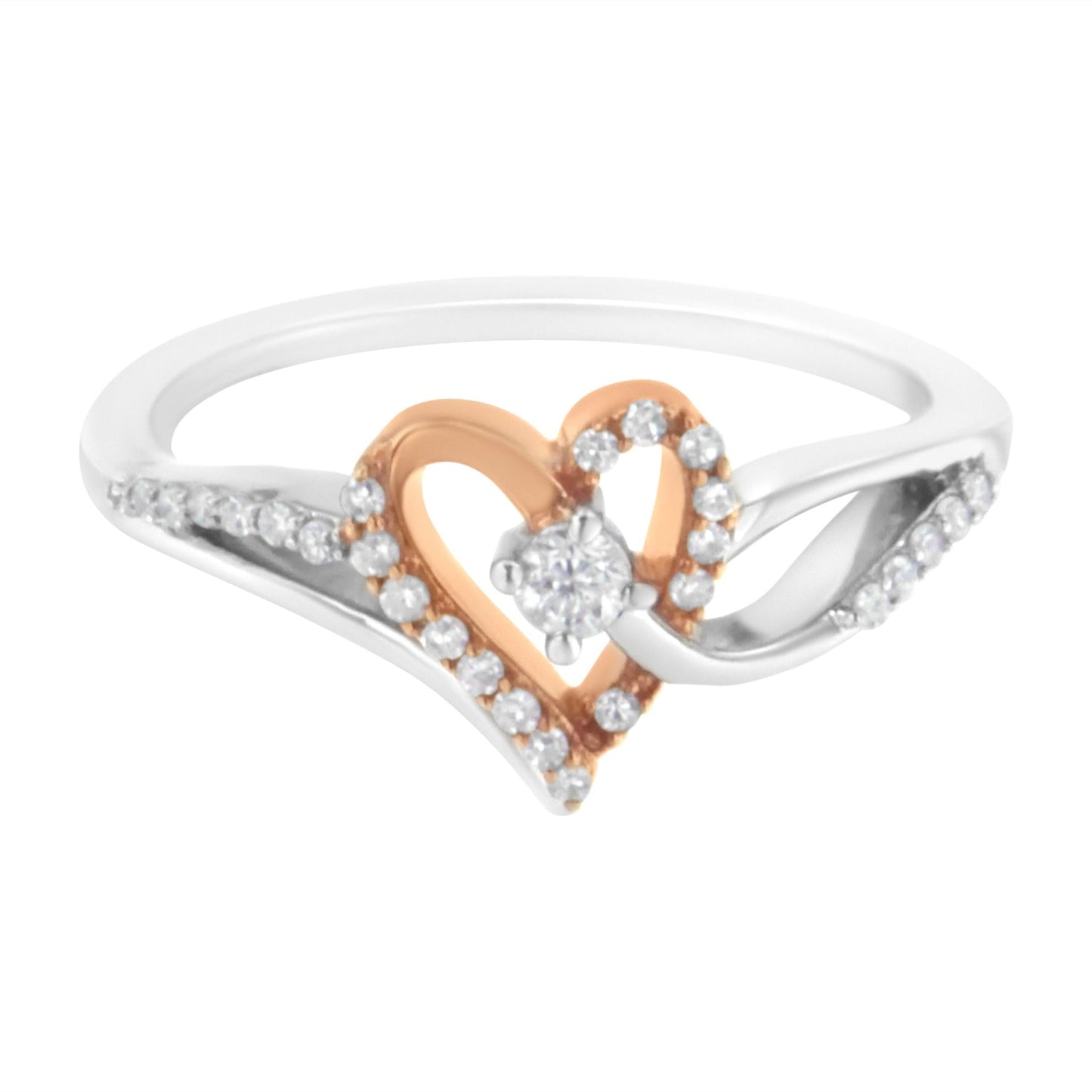 10K Rose Gold Plated.925 Sterling Silver 1/5 Cttw Diamond Two Tone Open Heart