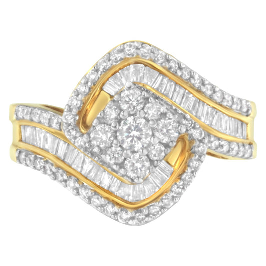 14K Yellow Gold 1.0 Cttw Baguette & Brilliant-Cut Diamond Round Floral Cluster