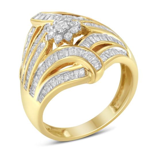 10K Yellow Gold Flashed .925 Sterling Silver 1-1/8 Cttw Round & Baguette Diamond 'Flower & Fern' Cluster Cocktail Fashion Ring (I-J Color, I2-I3 Clarity)