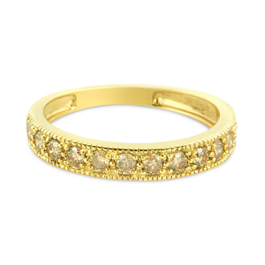 10K Yellow Gold Plated .925 Sterling Silver 1/2 Cttw Diamond 13 Stone Beaded Milgrain Band Ring (K-L Color, I1-I2 Clarity)