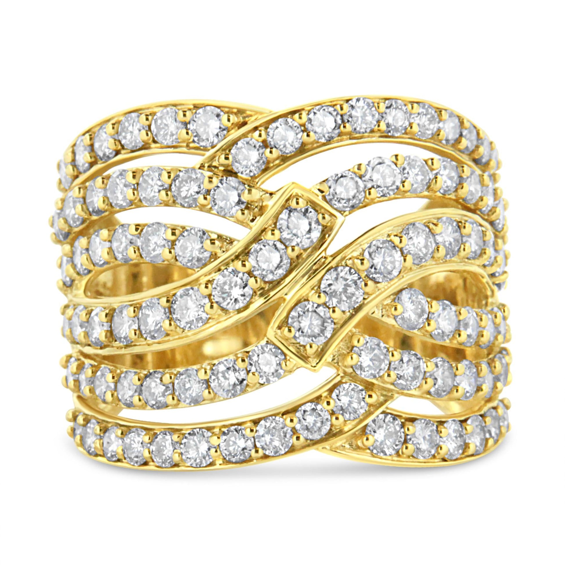 10K Yellow Gold 3.00 Cttw Diamond Multi Row Bypass Wave Cocktail Band Ring (J-K