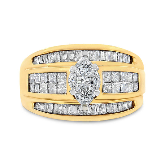 14K Yellow Gold 1 1/2 Cttw Pie, Princess and Baguette-cut Diamond Marquise Shaped Engagement Cocktail Ring Band (H-I Color, I1-I2 Clarity)