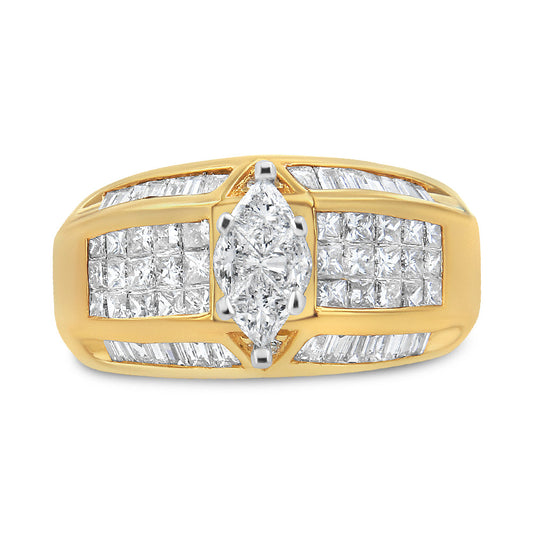 14K Yellow and White Gold 1 3/4 Cttw Round, Baguette, Princess and Pie-Cut Diamond Ring (H-I Color, SI1-SI2 Clarity)