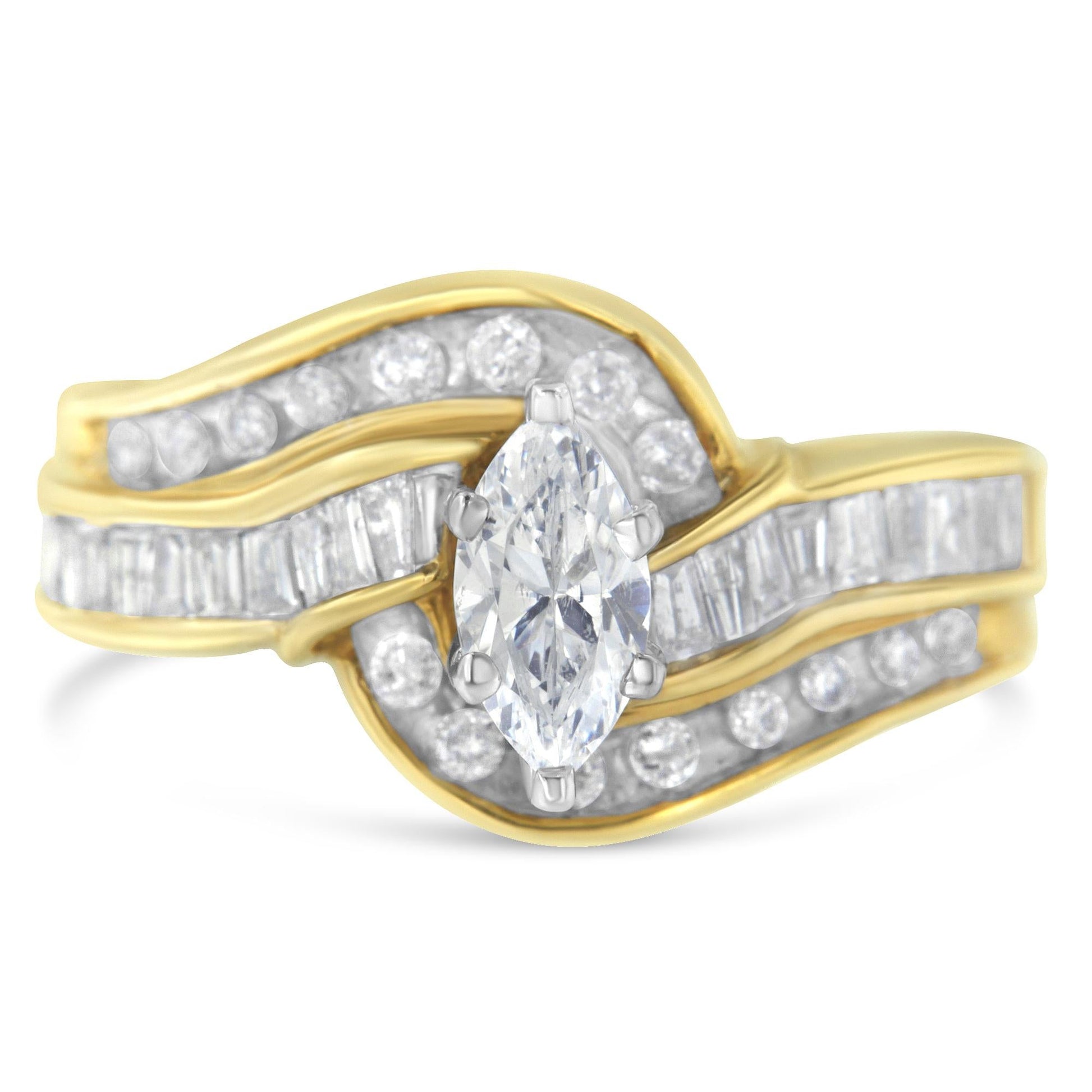 14KT Two-Toned Gold Marquise Baguette and Round Cut Diamond Bypass Ring (1 cttw