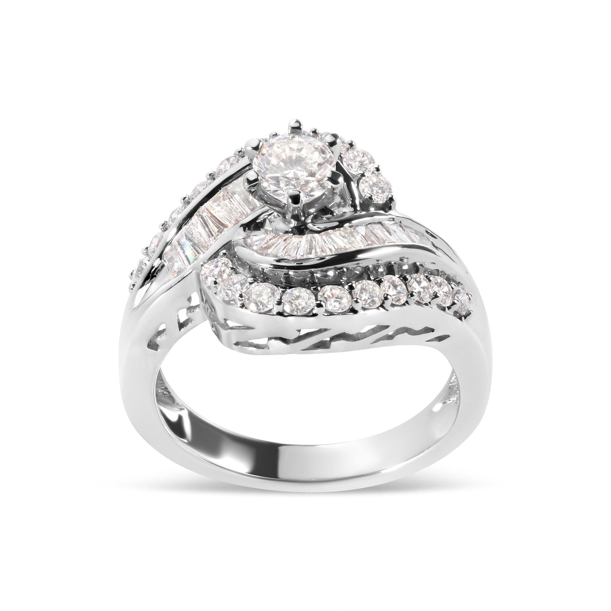 14K White Gold 1.00 Cttw Round and Baguette cut Diamond Swirl Cocktail Ring