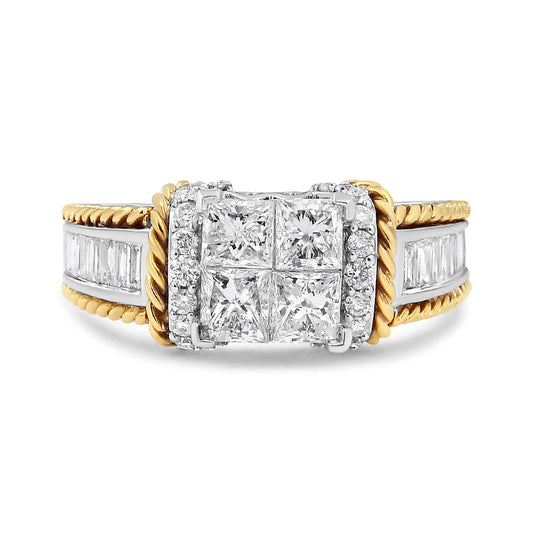 14K White and Yellow Gold 1 1/2 Cttw Invisible Set Princess-Cut Diamond Quad Style Engagement Ring (H-I Color, SI2-I1 Clarity)