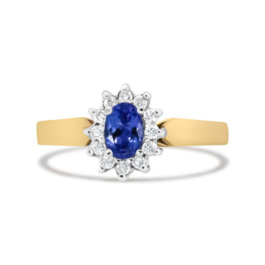 14K Yellow Gold 1/5 Cttw Round Diamond and 6x4mm Oval Blue Tanzanite Halo Ring