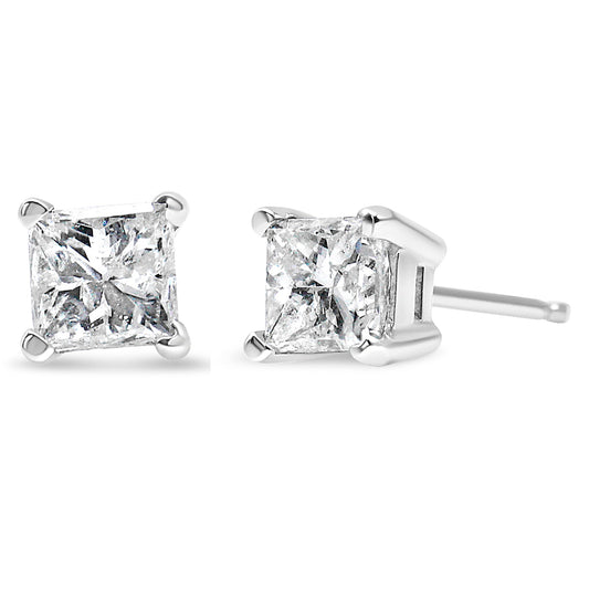 AGS Certified Princess-Cut Square Diamond 4-Prong Solitaire Stud Earrings in 14K Gold (H-I Color, I1-I2 Clarity)