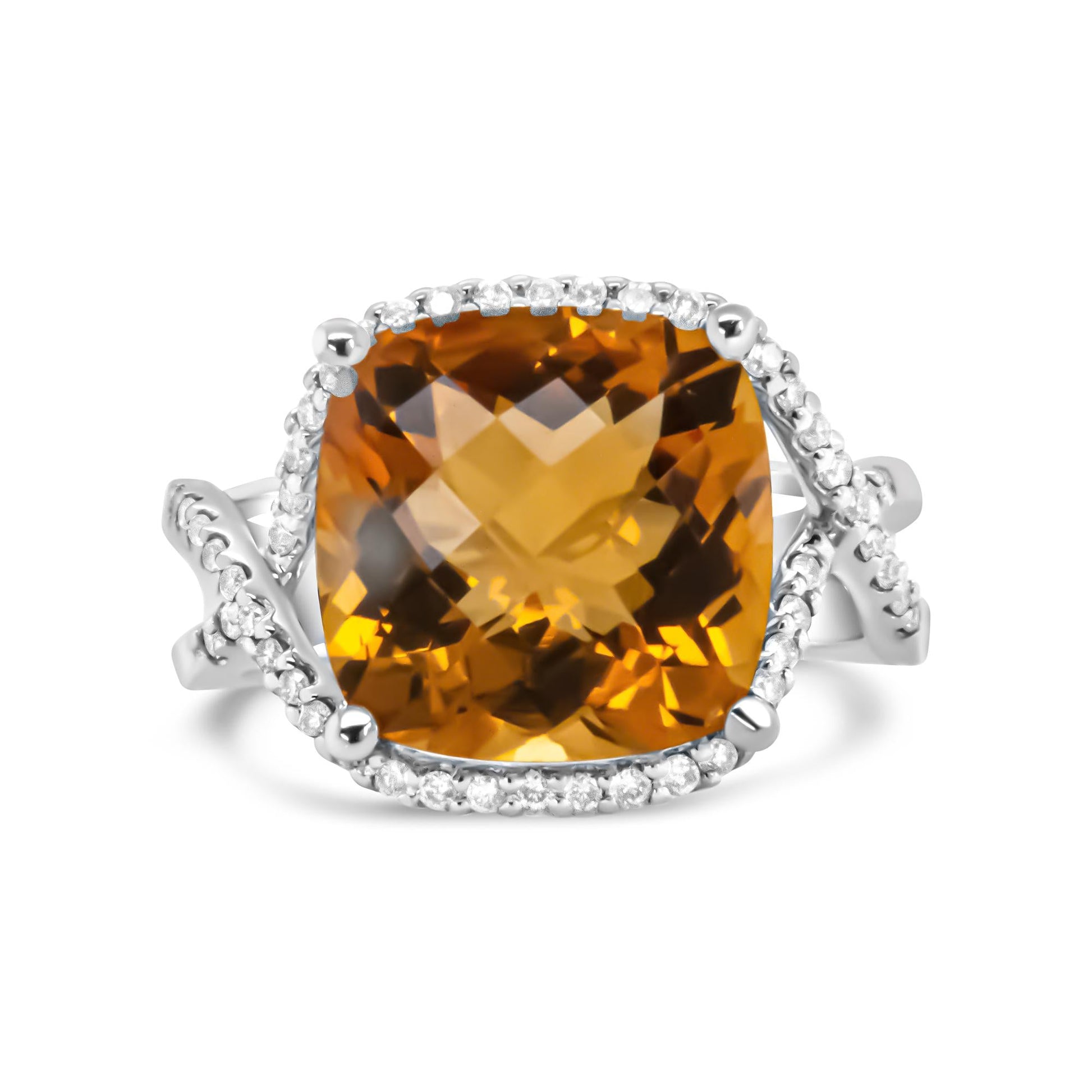 14K White Gold 12mm Cushion Cut Yellow Citrine Gemstone and 1/3 Cttw Round