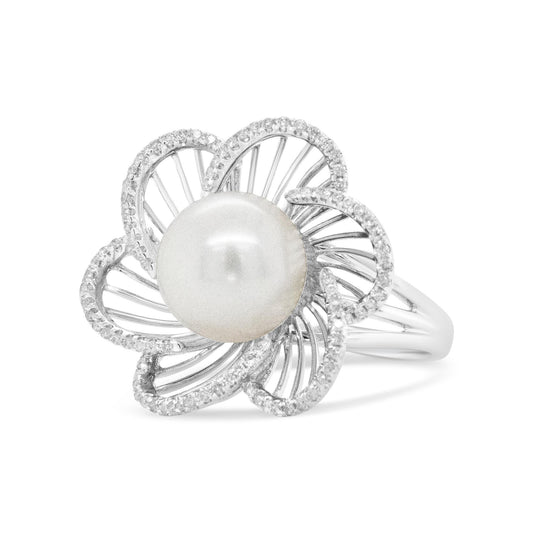 14K White Gold 11mm Round Pearl and 1/3 Cttw Round Diamond Openwork Flower Blossom Ring (H-I Color, VS1-VS2 Clarity)