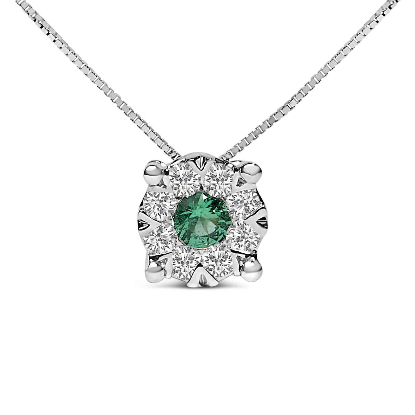 14K White Gold 3.8 MM Green Emerald and 1/3 Cttw Diamond Composite Halo 18" Pendant Necklace (F-G Color, VS2-SI1 Clarity)