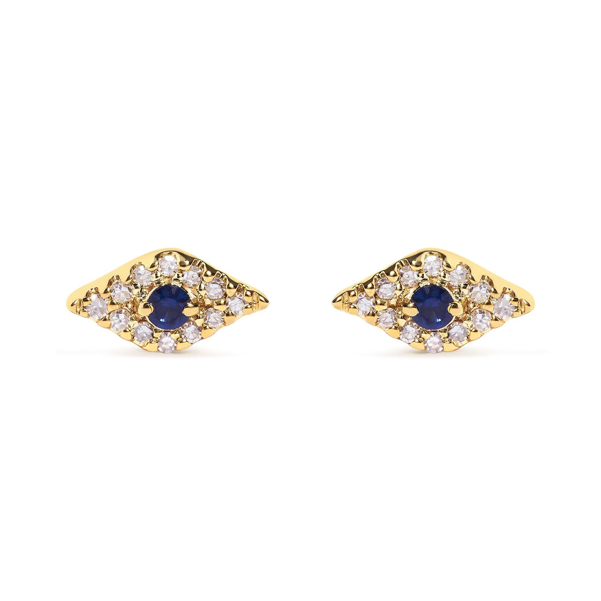 10K Yellow Gold Blue Sapphire and Diamond Accent Evil Eye Stud Earring (H-I