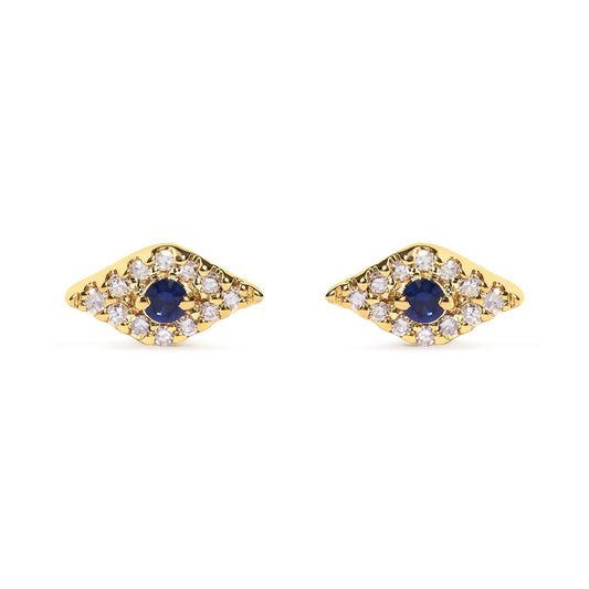 10K Yellow Gold Blue Sapphire and Diamond Accent Evil Eye Stud Earring (H-I