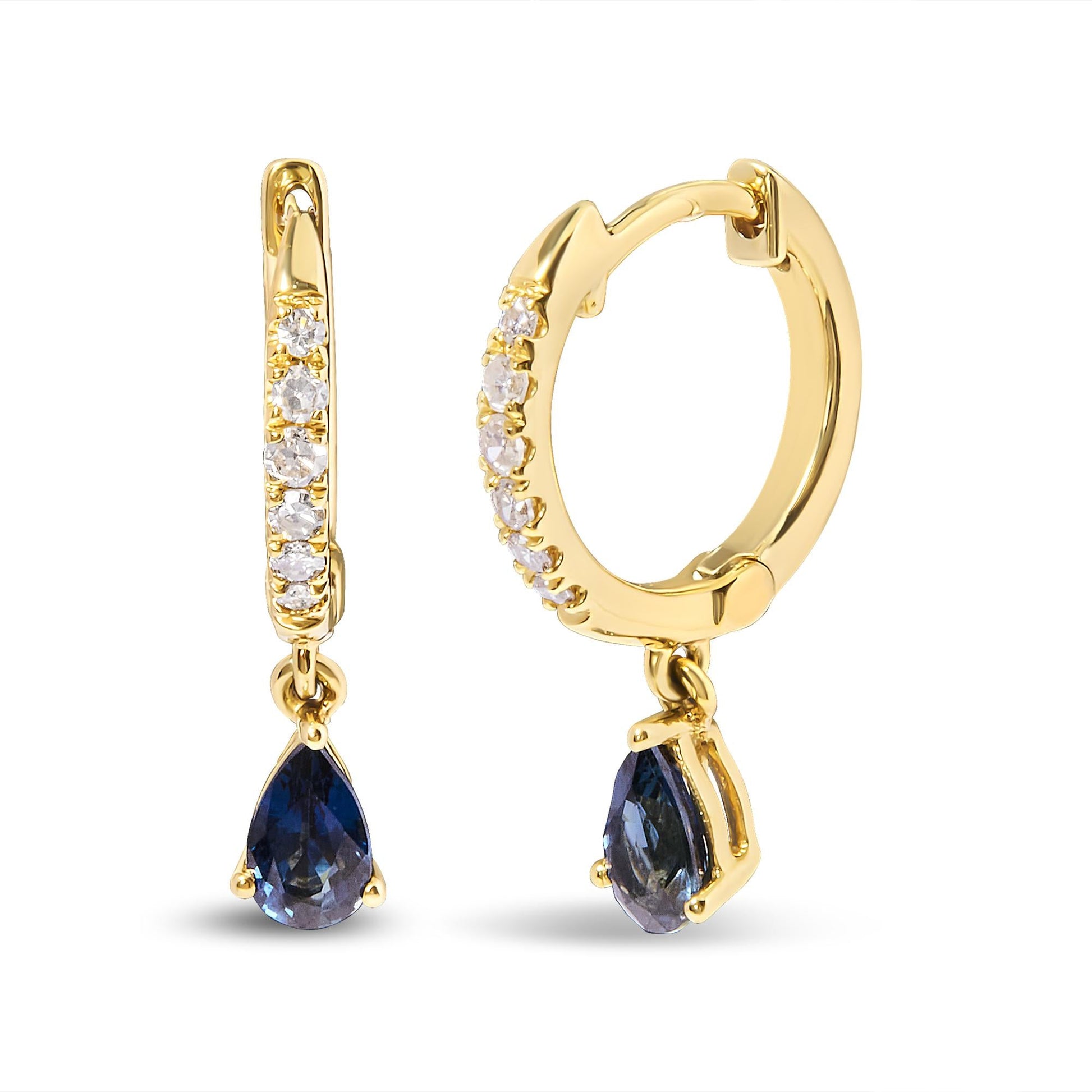 10K Yellow Gold Pear Blue Sapphire and 1/10 Cttw Diamond Drop and Dangle Huggy