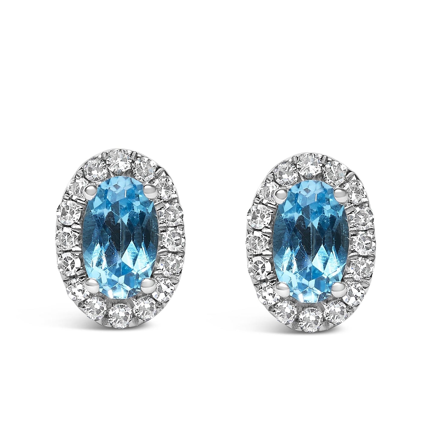 10K White Gold 5x3 MM Oval Cut Birthstone and Diamond Halo Stud Earrings (I-J Color, I1-I2 Clarity)