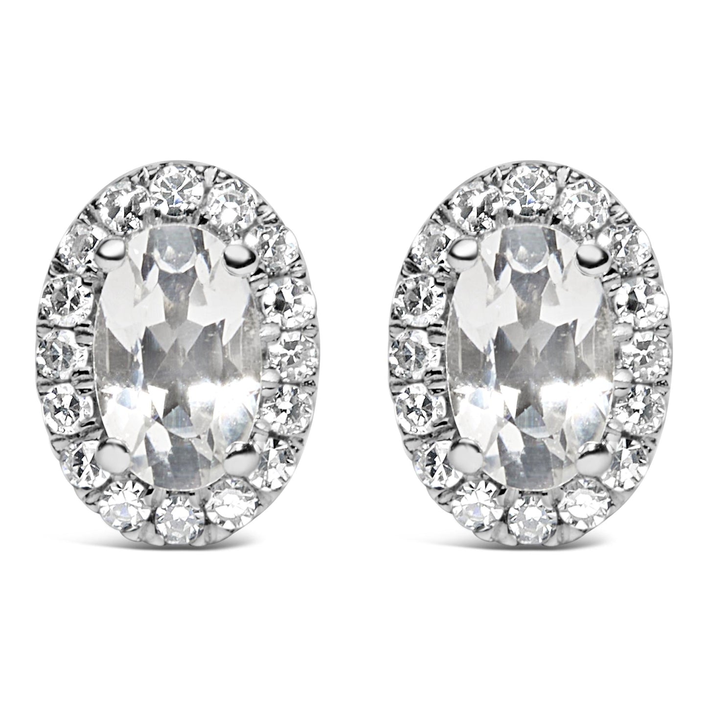 10K White Gold 5x3 MM Oval Cut Birthstone and Diamond Halo Stud Earrings (I-J Color, I1-I2 Clarity)